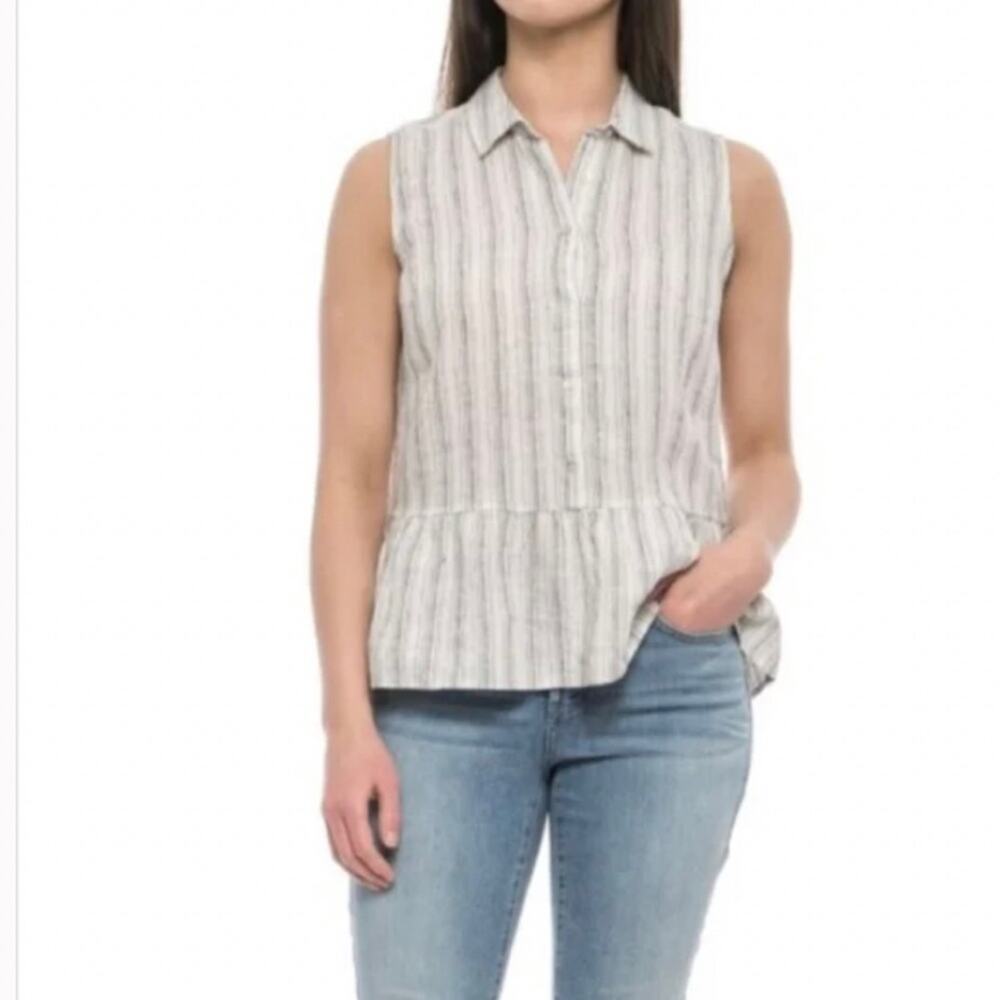 Tahari‎ Blouse Top Women's Size Medium Cream & Black Pinstripe Peplum 100% Linen